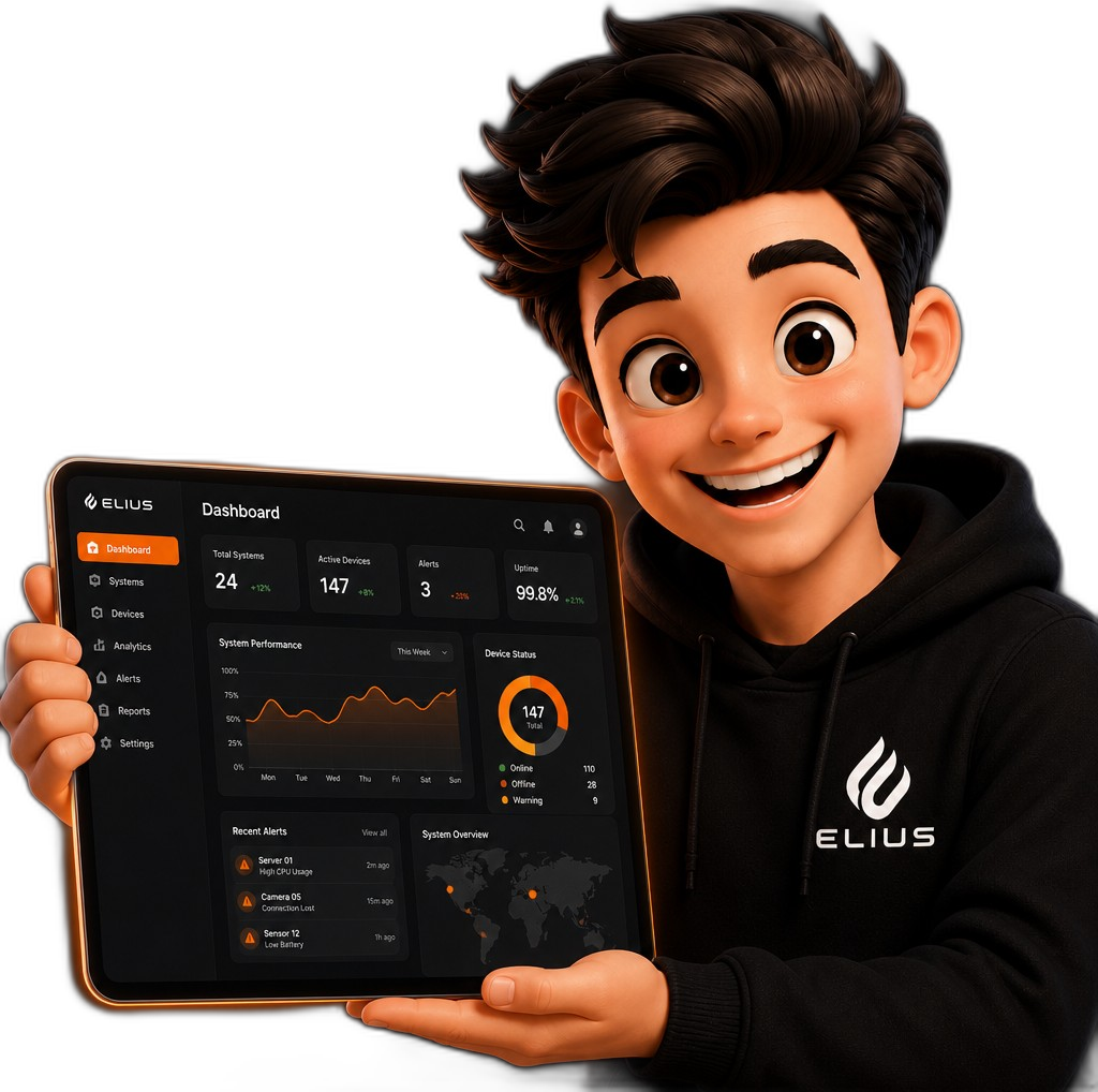 Mascote Elius com painel de sistemas